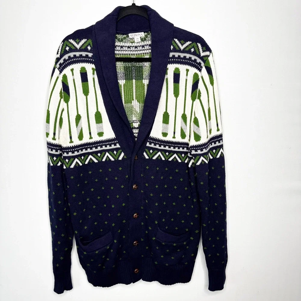 Merona Blue Oars Nautical Fair Isle Cardigan Sweater Mens Size L Cotton‎ Classic